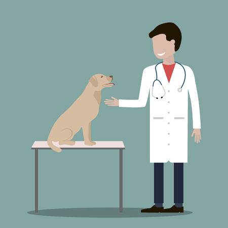 Male veterinarian doctor with a dog. Veterinary concept colorful icon. Vector illustration flat designのイラスト素材