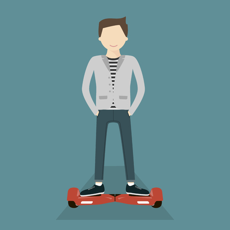 Young man smiling on hoverboard. Self-balancing two wheeled electric Scooter battery-powered. Vector flat style illustrationのイラスト素材