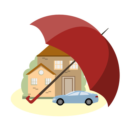 A house and a car under the protection of the umbrella. The concept of insurance and security of property. Vector illustration flat designのイラスト素材
