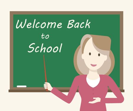 Woman teacher in classroom stands at the blackboard. Welcome back to school concept. illustration flat designのイラスト素材