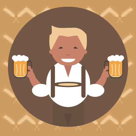 A man with a mug of beer in his hand. Oktoberfest poster. illustration flat designのイラスト素材