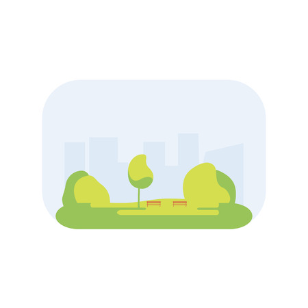 City park icon with a lawn, trees, lush grass with a wooden bench on the background of the city. illustration flat design. Urban landscapeのイラスト素材