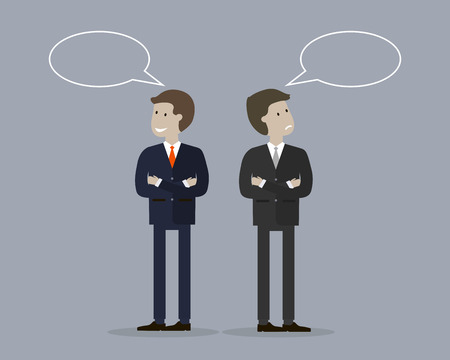 Two businessman with bubble talk. One is smiling and happy and another unhappy and upset. Winner and loser concept. illustration flat designのイラスト素材