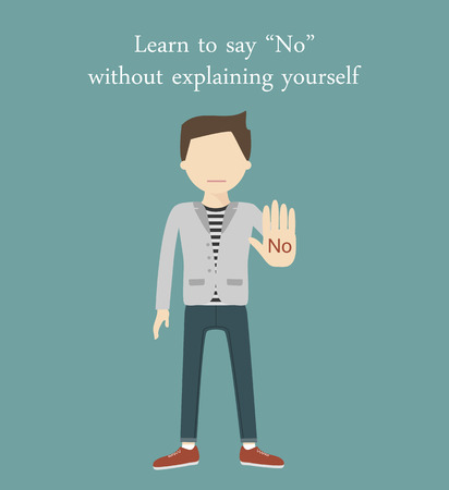 Young man showing hand gesture - No. Learn to say no without explaining yourself. Inspirational, positive and motivational quote. illustration flat designのイラスト素材
