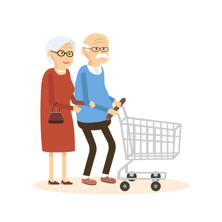 Old man and woman with shopping cart. Elderly people people purchased goods. illustration flat designのイラスト素材