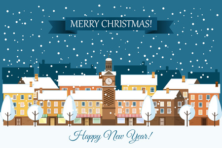 Winter town snowy street. Urban winter landscape. Christmas card Happy Holidays banner. Vector illustration flat design.のイラスト素材