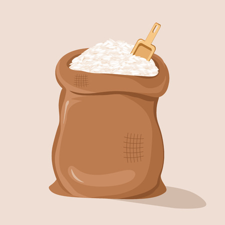 Rice in bag. Burlap sack and spoon Vector illustration flat designのイラスト素材