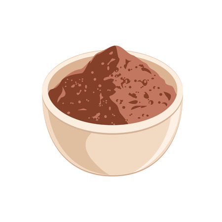 Pile Cocoa Powder. Dark cacao in a ceramic bowl isolated on white background. Vector illustration flat designのイラスト素材