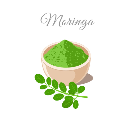 Moringa Powder in Bowl. Plant and Leavesのイラスト素材