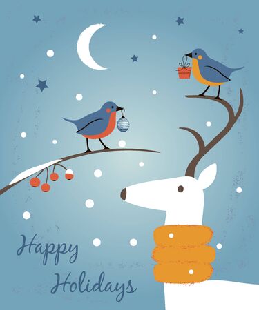 Happy Holidays retro card with birds and deer. Happy New Year and Merry Christsmas greeting illustrationのイラスト素材