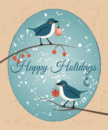 Happy Holidays retro card with birds. Happy New Year and Merry Christsmas greeting illustrationのイラスト素材