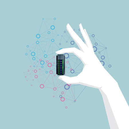 Hand holding server, hand is white.cloud computing concept design.のイラスト素材
