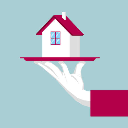 Hand lifting tray, villa model in the tray.real estate concept design.のイラスト素材