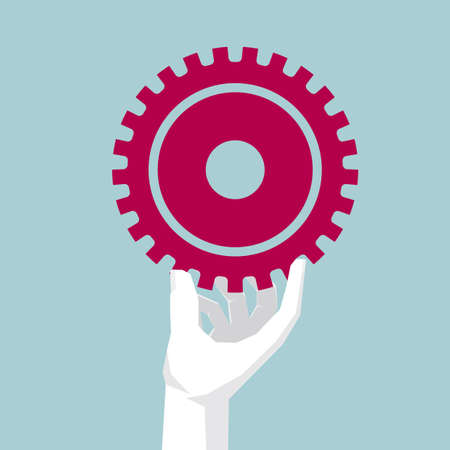 Hand holding a gear symbol on the blue background.のイラスト素材