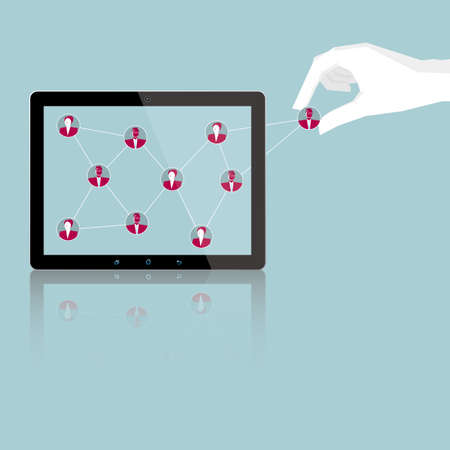 Social network concept design, a hand holding a network icon into the tablet.のイラスト素材
