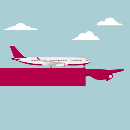A passenger plane parked on the arm. Arm mid-air,Clouds float in the sky.のイラスト素材