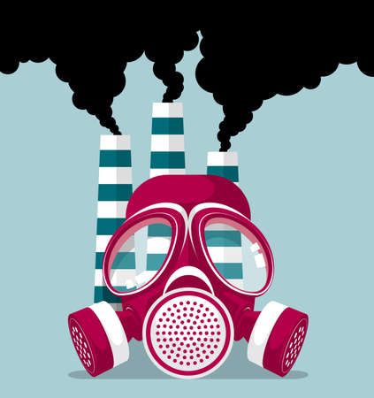 Industrial pollution concept design, gas mask and three chimneys, smoke billowing.のイラスト素材