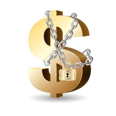 Dollar symbol locked by a chain.Isolated on white background.のイラスト素材