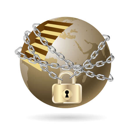 Earth locked by a chain.Isolated on white background.のイラスト素材