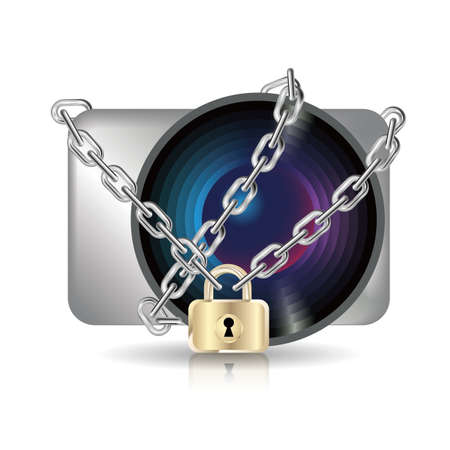 Camera locked by a chain.Isolated on white background.のイラスト素材