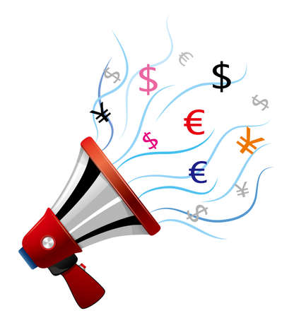 drawn megaphone and currency symbols, isolated on white background.のイラスト素材