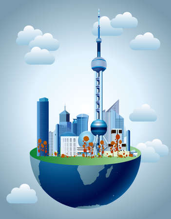 Cityscape on the Earth, Shanghai's landmark architecture.のイラスト素材