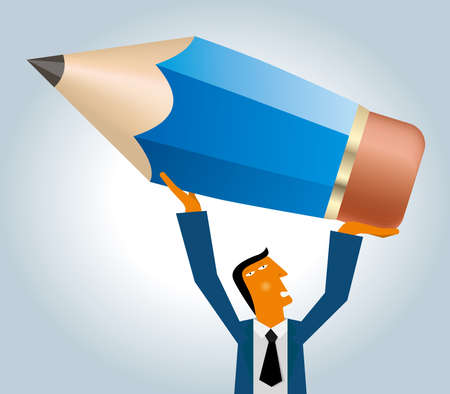 Marketing design, businessman raises a pencil. Businessman wear blue suit.のイラスト素材