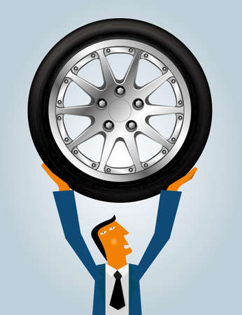 Marketing design, businessman lifting tires. Businessman wear blue suit.のイラスト素材