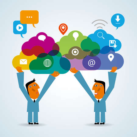 Network sharing concept design, businessman holding up cloud symbol.のイラスト素材