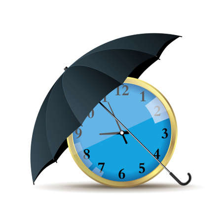 The clock is under the umbrella. Isolated over white background.のイラスト素材