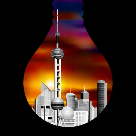 Cityscape in the Lamp, Shanghai's landmark architecture - Oriental Pearl.のイラスト素材