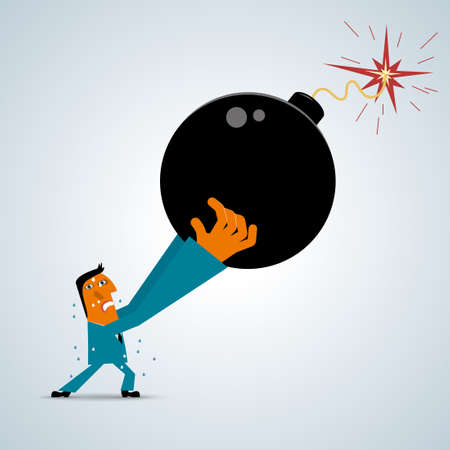 The businessman raised the bomb, Businessman wearing a blue suit, The bomb is black.のイラスト素材