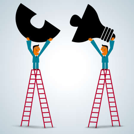 Businessman lifting light bulb puzzle,On the ladder.のイラスト素材