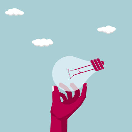 Hand holding a light bulb. Isolated on blue background.のイラスト素材