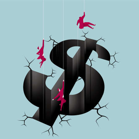 The concept of financial crisis design, rescue workers descend from the sky.