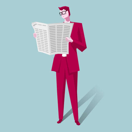 The businessman is reading the newspaper. The background is blue.のイラスト素材