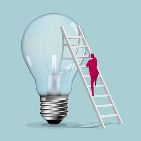Businessman climbs a huge light bulb from the ladder. The background is blue.のイラスト素材
