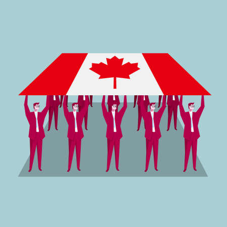 Team concept design. Businessman holds up the Canadian flag. The background is blue.のイラスト素材