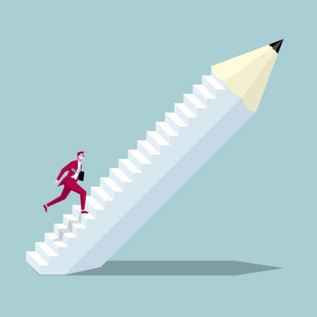 Businessman walks on the steps, The steps are made up of pencils. The background is blue.のイラスト素材