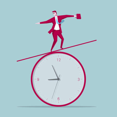 A businessman stands on the clock. The background is blue.のイラスト素材