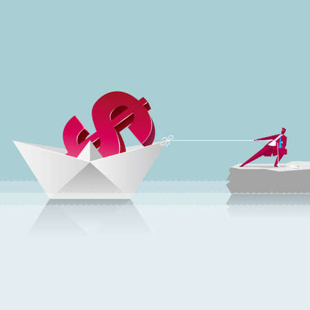 The dollar is in the paper boat, A businessman pulled and moved to the shore.Businessman in a red suit.のイラスト素材