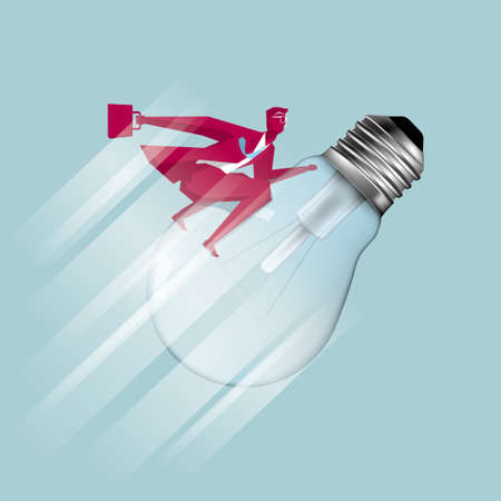 Businessman riding a light bulb in mid-air.のイラスト素材