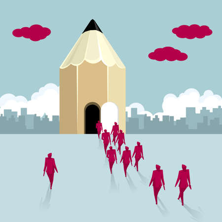 A group of businessmen walked into huge pencil. The background is the urban landscape.のイラスト素材