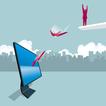 Diving exercise.A businessman jumps into the computer. The background is the urban landscape.
