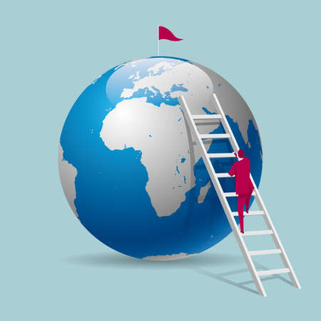 Businessman climbs the earth from the ladder .The background is blue.のイラスト素材