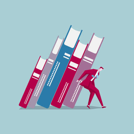 Businessman carrying huge books.The background is blue.のイラスト素材