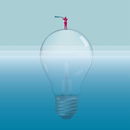 Businessman holding a telescope standing on a light bulb observing the seaのイラスト素材