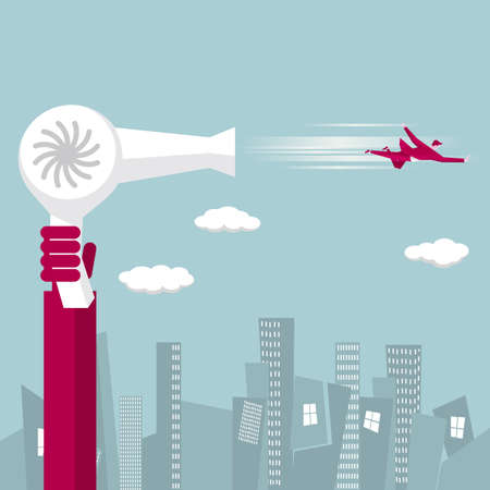 Holding a hair dryer in hand, blowing away the businessman. City building background.のイラスト素材