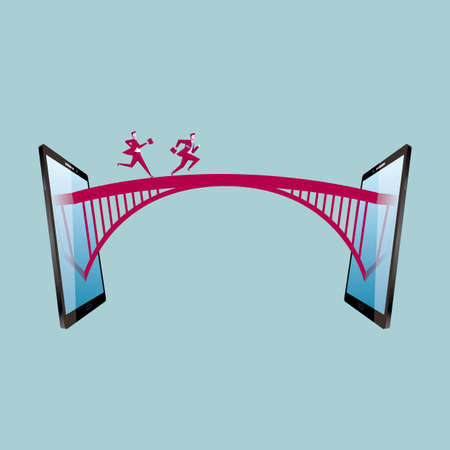 Network communication concept, businessmen run on the bridge between two tablets.