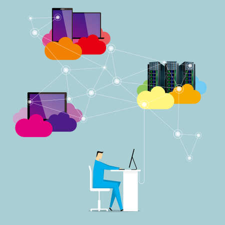 Cloud computing concept design. A businessman is working. The background is blue.